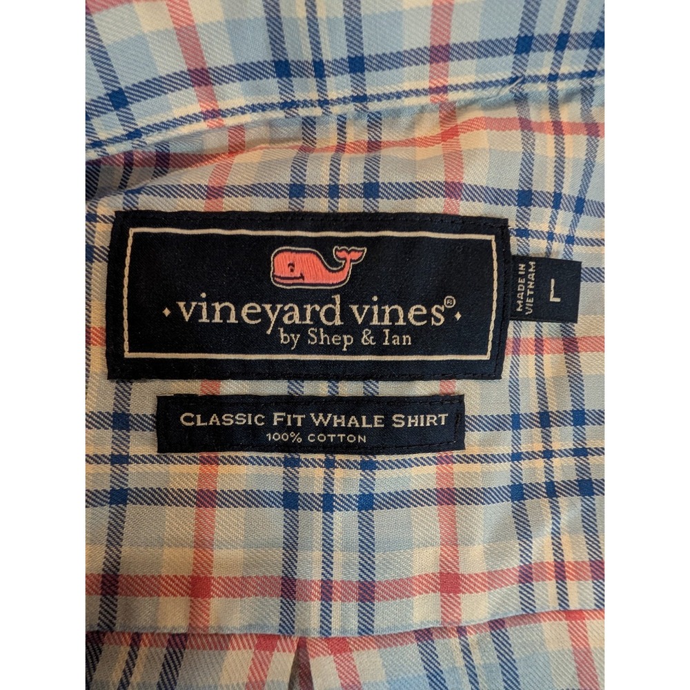Vineyard Vines Mens Large Classic Fit Plaid Button Down Whale Shirt Blue Pink - Picture 3 of 7